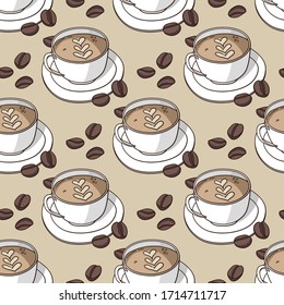 Vector seamless pattern with coffee cups and coffee beans