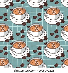 Vector seamless pattern with coffee cups. Retro creative design