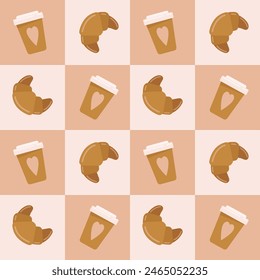 Vector seamless pattern of coffee cups and croissants. Geometric background.