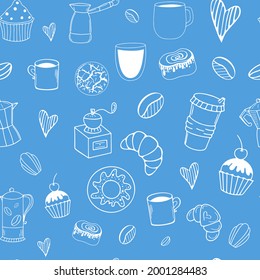 Vector seamless pattern with coffee and desserts, beautiful print for fabrics, menu design, signage, stationery