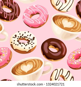 Vector seamless pattern with coffee and donuts