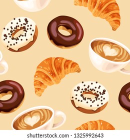 Vector seamless pattern with coffee and donuts