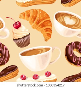 Vector seamless pattern with coffee and donuts