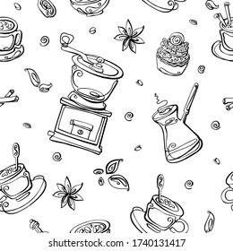 Vector seamless pattern with coffee elements. Coffee maker, coffee grinder, grains, Americano, Cup , vanilla, cinnamon. For banner, background, and decor.