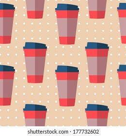 vector seamless pattern with coffee glasses on polka dot background