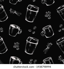 Vector seamless pattern of coffee glasses and cups, coffee beans and cinnamon sticks. Vector contour drawing