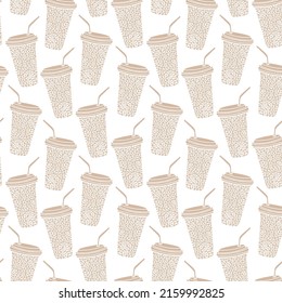 Vector seamless pattern with coffee to go cups with drinking straws and coffee beans inside. Beige and white repeatable background.