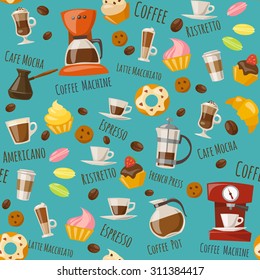 Vector seamless pattern. Vector coffee icons.Flat coffee icons. Food and drink elements. 