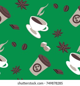 Vector seamless pattern of coffee items, coffee cups, pieces of chocolate, star anise, coffee beans, hot and cold drinks. Retro design for wrapping, background, wallpapers. Coffee to go