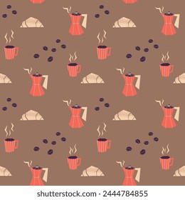 Patrón sin fisuras de Vector con cafeteras, tazas de café, muffins, galletas y croissants sobre un fondo marrón. Ideal para el estilo de cocina, textiles, papel de embalaje, scrapbooking.