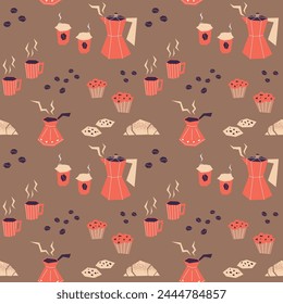 Patrón sin fisuras de Vector con cafeteras, tazas de café, muffins, galletas y croissants sobre un fondo marrón. Ideal para el estilo de cocina, textiles, papel de embalaje, scrapbooking.