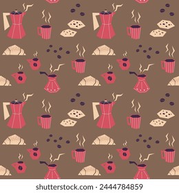 Patrón sin fisuras de Vector con cafeteras, tazas de café, muffins, galletas y croissants sobre un fondo marrón. Ideal para el estilo de cocina, textiles, papel de embalaje, scrapbooking.