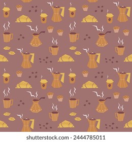 Patrón sin fisuras de Vector con cafeteras, tazas de café, muffins, galletas y croissants sobre un fondo púrpura. Ideal para el estilo de cocina, textiles, papel de embalaje, scrapbooking.