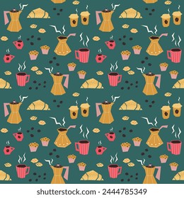 Patrón sin fisuras de Vector con cafeteras, tazas de café, muffins, galletas y croissants sobre un fondo verde. Ideal para el estilo de cocina, textiles, papel de embalaje, scrapbooking.