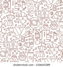 Vector seamless pattern with coffee making symbols in trendy linear style. Great print for packaging, online shop background