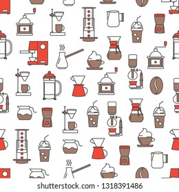 Vector seamless pattern with coffee making equipment and accessories. Thin line art flat style design coffee brewing background, wallpaper.