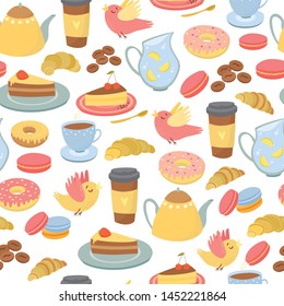 
vector seamless pattern, coffee motifs, tea, sweets, packaging for the bakery
