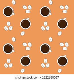 Vector seamless pattern with coffee mugs and coffee beans on an orange background. Modern design for paper, cover, fabric, interior decor and other users.