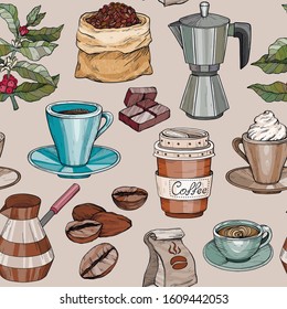 Vector Seamless pattern with coffee party Collection. Hand drawn retro illustration with coffee