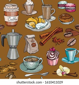 Vector Seamless pattern with coffee party Collection, cakes and sweets icons. Hand drawn design.