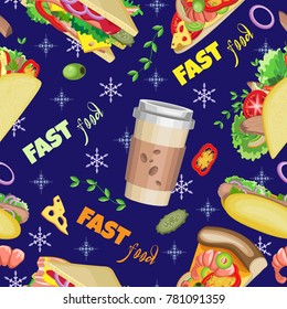 Vector seamless pattern of coffee, sandwiches, slices of pizza, hot dogs and tacos. On a dark blue background with snowflakes and food ingredients