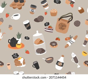 Vector seamless pattern with coffee shop hand drawn collection. Various coffee pots and cups, dessert sweets, pancakes. Vector