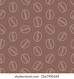 Vector seamless pattern for coffee shop Coffee beans beige line art on mocha brown textile wallpaper