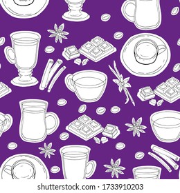 Vector seamless pattern with coffee spices and chocolate