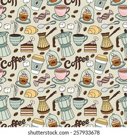 Vector seamless pattern with coffee and sweet. Coffee background