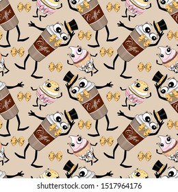 Vector seamless pattern with coffee and sweets.  