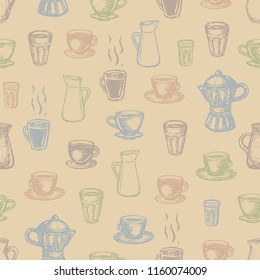 Vector seamless pattern with coffee theme. Hand-drawn rough linear glasses, milk jug, cups and coffee maker. Vintage coffee illustration for restaurant or cafe menu, wrapping, fabrics, brand design