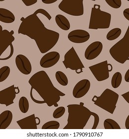 Vector seamless pattern of the coffee theme.Illustration of coffee beans, cups and coffee pots.