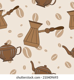 Vector seamless pattern with coffee-beans, teapots and ibrik 