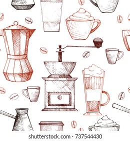 Vector seamless pattern with coffee.Hand-drawn illustration.