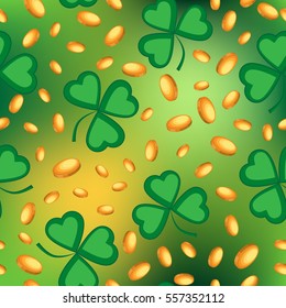 Vector seamless pattern of coins and shamrocks