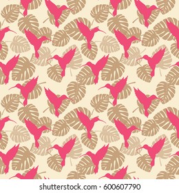 Vector seamless pattern with colibri and leaves monstera