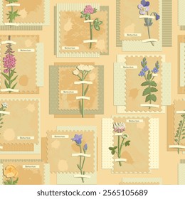 Vector sin patrón, collage con flores, fondo creativo, imitación de herbario con plantas silvestres secas