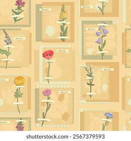 vector seamless pattern, collage with flowers, creative background, herbarium imitation with dried wild plants