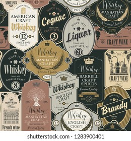 Vector seamless pattern with collage of labels for various alcoholic beverages in retro style with inscriptions of whiskey, liquor, cognac, wine, brandy.