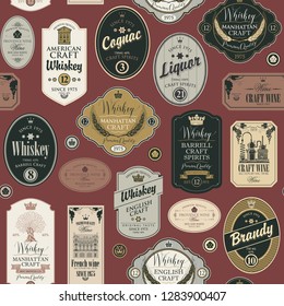 Vector seamless pattern with collage of labels for various alcoholic beverages on a burgundy background in retro style with inscriptions of whiskey, liquor, cognac, wine, brandy.