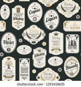 Vector seamless pattern with collage of labels for various alcoholic beverages in retro style with inscriptions of whiskey, liquor, cognac, wine, brandy.