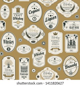 Vector seamless pattern with collage of labels for various alcoholic beverages in retro style with inscriptions of whiskey, liquor, cognac, wine, brandy, craft wine.