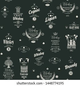 Vector seamless pattern with collage of labels for various alcoholic beverages in retro style with inscriptions of whiskey, liquor, cognac, wine, brandy, craft wine on the black background