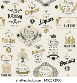 Vector seamless pattern with collage of labels for various alcoholic beverages in retro style with inscriptions of whiskey, liquor, cognac, wine, brandy, craft wine.