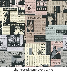 Vector seamless pattern with a collage of magazine and newspaper clippings. Colored abstract background with unreadable text, illustrations and titles. Wallpaper, wrapping paper or fabric design