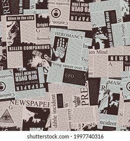 Vector seamless pattern with a collage of magazine and newspaper clippings. Colored abstract background with unreadable text, illustrations and titles in retro style. Wrapping paper, wallpaper, fabric