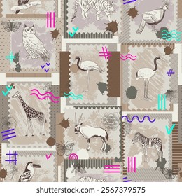 vector seamless pattern with collages, animals, birds and neon color elements