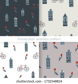 Vector seamless pattern collection with Amsterdam symbols. Bikes, old-fashioned brick facades and tulips