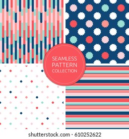 Vector seamless pattern collection, fashion backgrounds. Stylish color palette: soft pink, navy blue, mint, coral and red. Trendy simple design for decoration, cover, card, textile. Square swatches