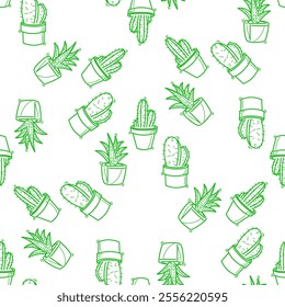 Vector seamless pattern with collection of green cactuses in pots, plants, hand drawn in trendy doodle style. Colorful vector illustrations and prints.